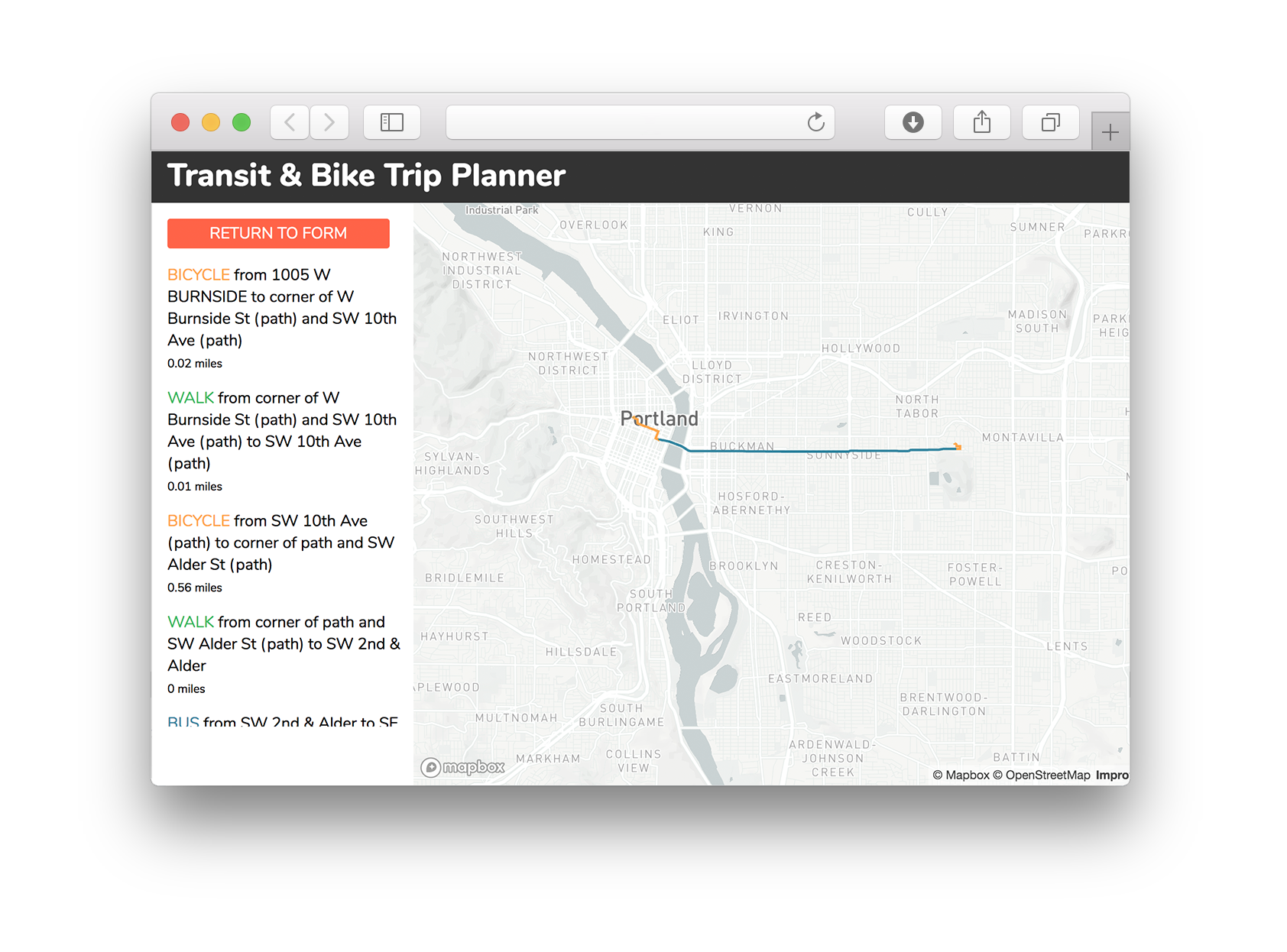 A screenshot of my project titled Transit and Bike Trip Planner
